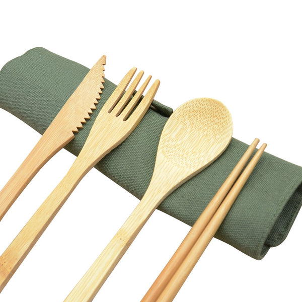 6 Piece Portable Roll Up Bamboo Cutlery Set