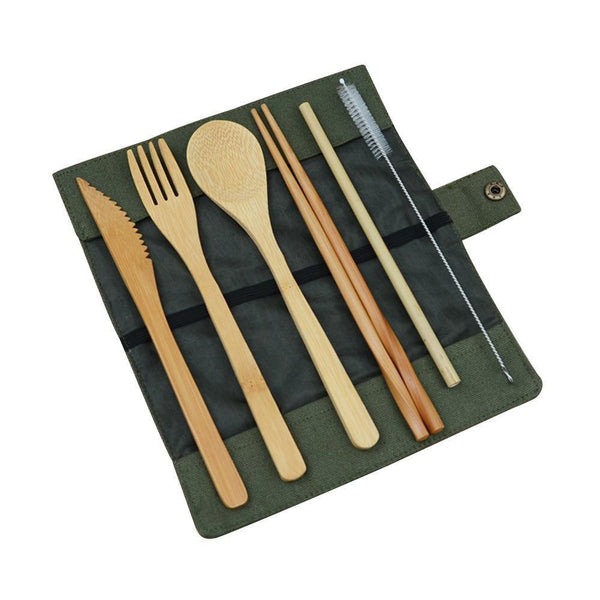 6 Piece Portable Roll Up Bamboo Cutlery Set