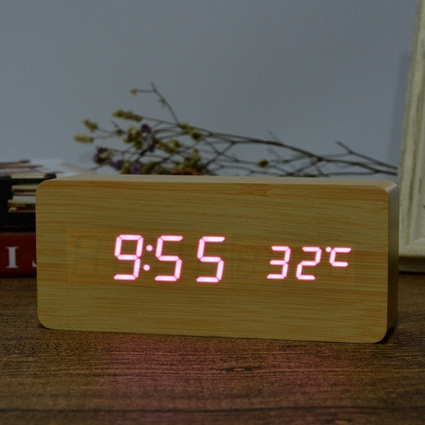 Wooden LED Alarm Clock with Temperature Display