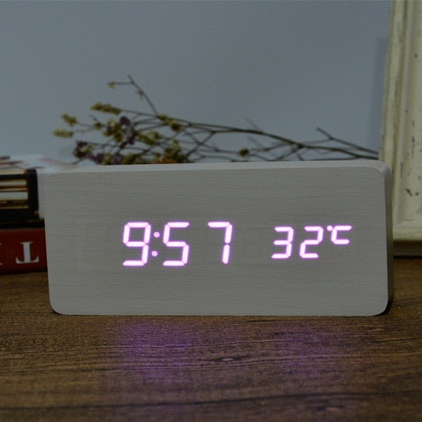 Wooden LED Alarm Clock with Temperature Display