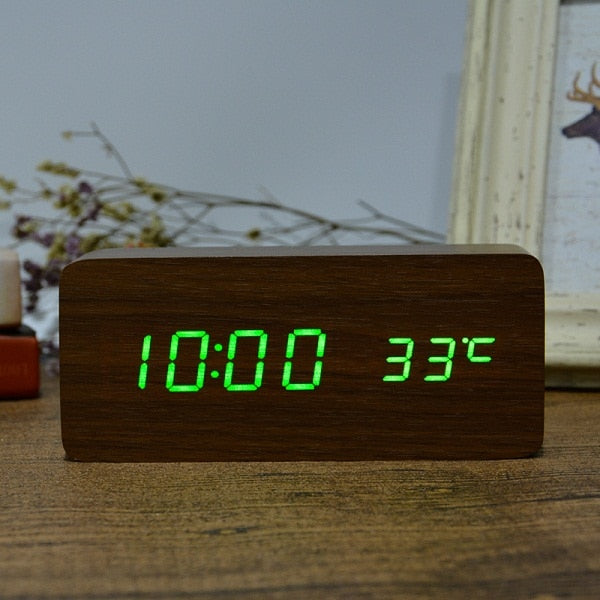 Wooden LED Alarm Clock with Temperature Display