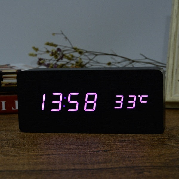 Wooden LED Alarm Clock with Temperature Display