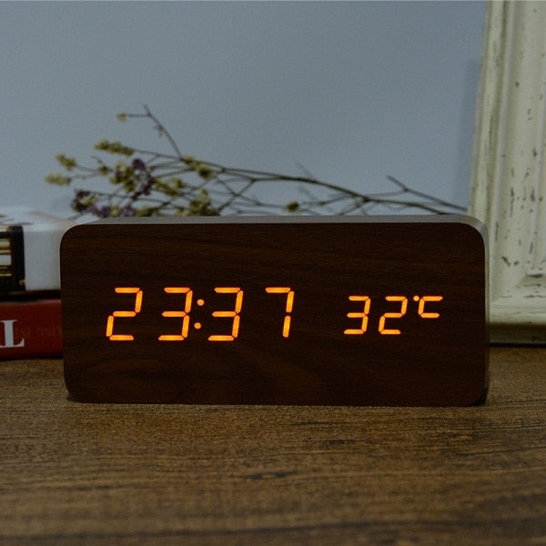 Wooden LED Alarm Clock with Temperature Display