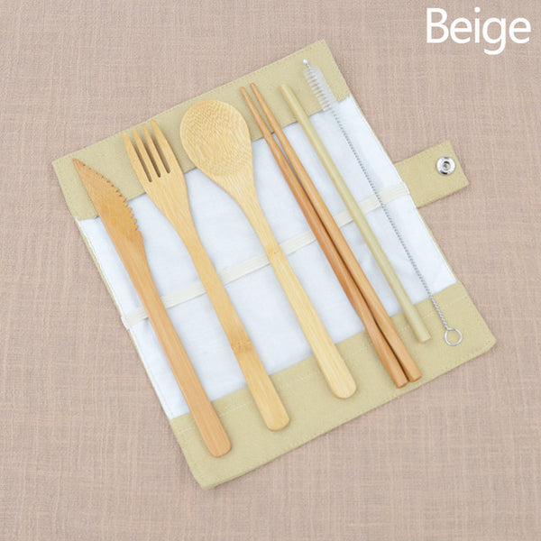 6 Piece Portable Roll Up Bamboo Cutlery Set