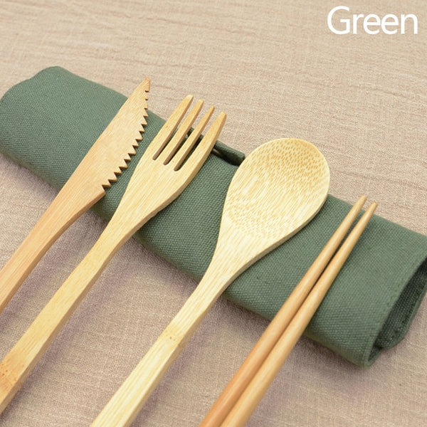 6 Piece Portable Roll Up Bamboo Cutlery Set